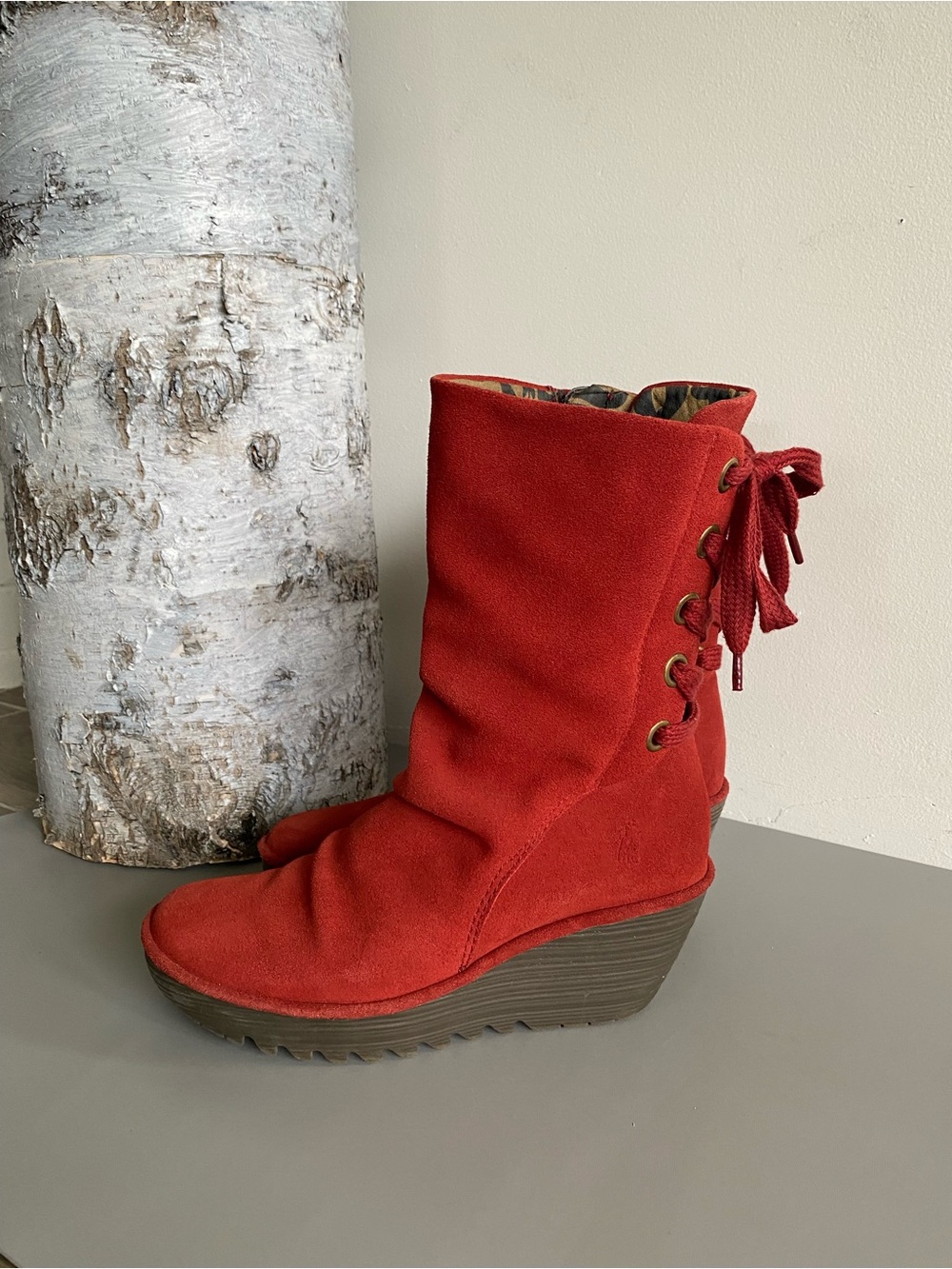 Fly London Yada Red Suede Wedge Mid Calf Boots Lace Up Back Sz 39/ 8.5 - Picture 2 of 14